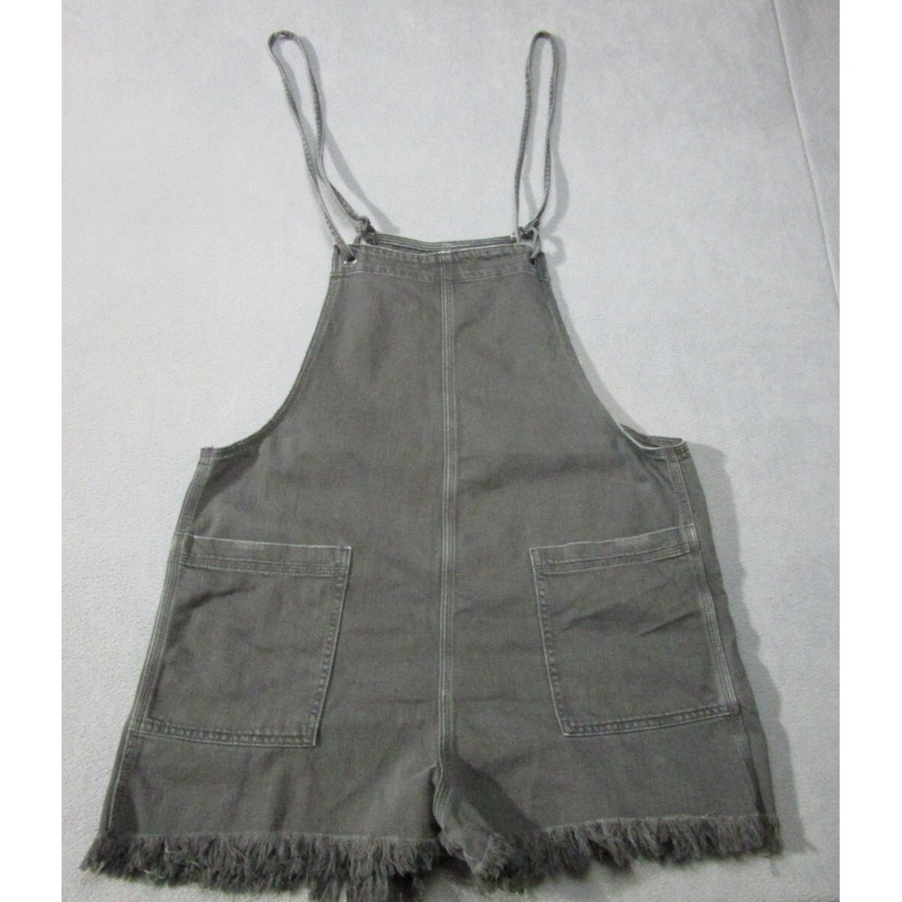 Aerie Shortalls Womens Large Gray Denim Stretch Adjustable Pockets Raw Fray Hem